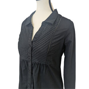 Prana Black Pintuck Button Front Blouse | Roll Tab Sleeves Quiet Chic | S